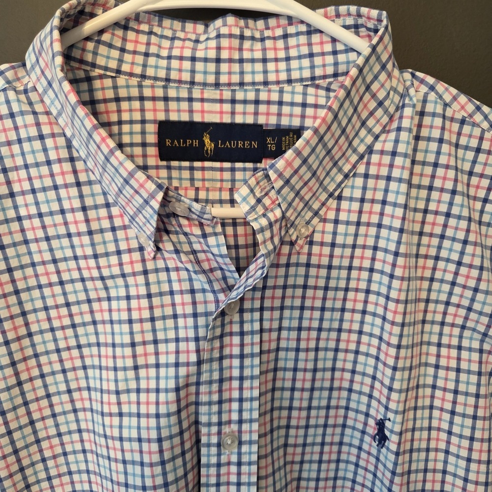 Ralph Lauren Men's Classic Fit Short Sleeve Shirt Blue/Pink Check Pony Logo XL